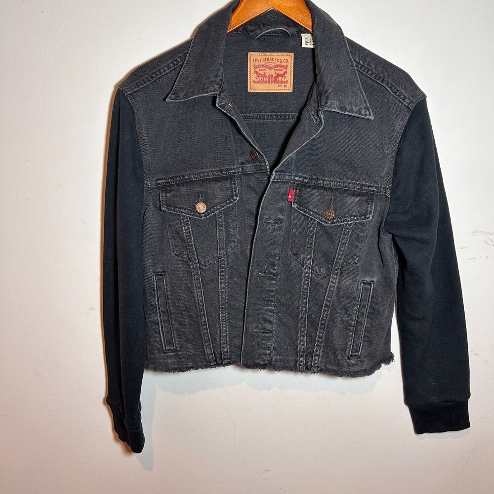 Levi's Cropped Ex Boyfriend Hybrid Raw Hem Fleece Sleeves Black Jean Jacket Sz M